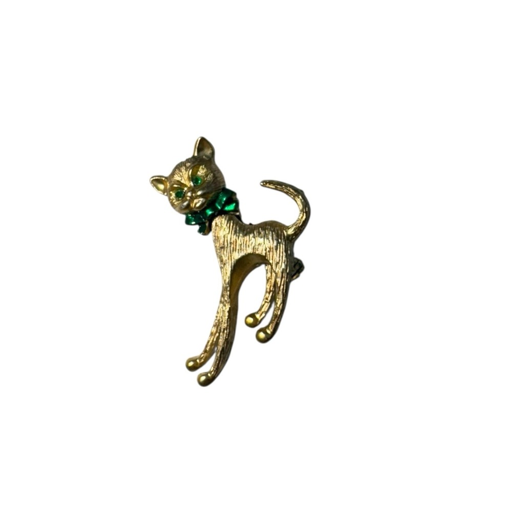 Vintage Gold Tone Green Rhinestone Eyes Enamel Bow Articulated Cat Brooch Pin